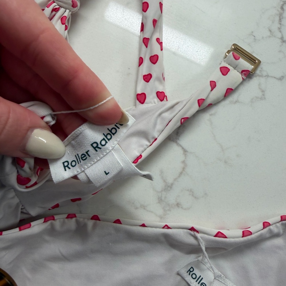 Roller Rabbit White Bikini with Pink Heart Print and Tortoiseshell Rings - Picture 3 of 3